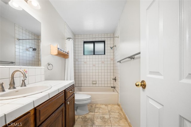 full bathroom with shower / bath combo, vanity, toilet, and backsplash