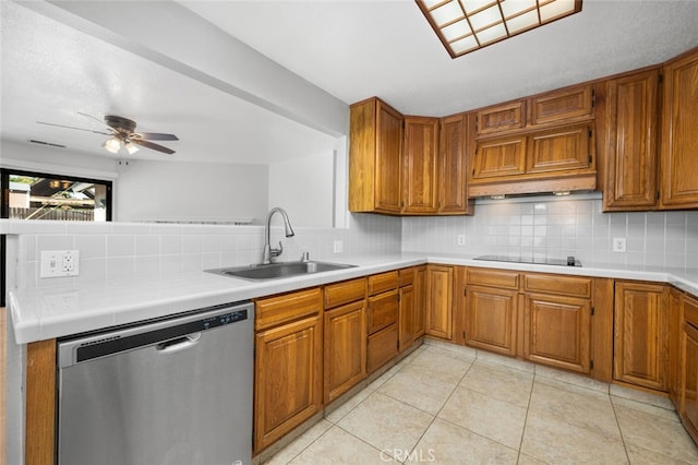 kitchen featuring ceiling fan, dishwasher, sink, backsplash, and black electric cooktop