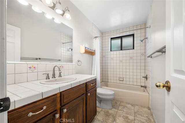 full bathroom featuring shower / tub combo, vanity, tasteful backsplash, and toilet