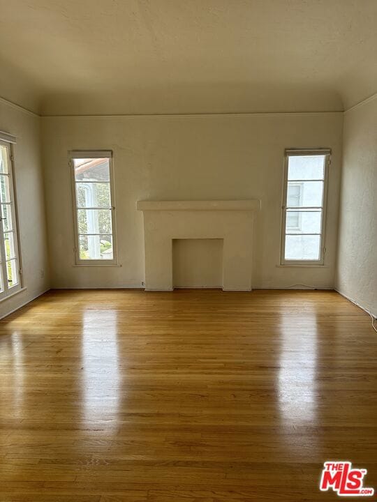 unfurnished living room featuring a wealth of natural light and light hardwood / wood-style flooring