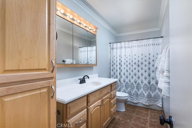 bathroom with crown molding, vanity, toilet, and a shower with shower curtain