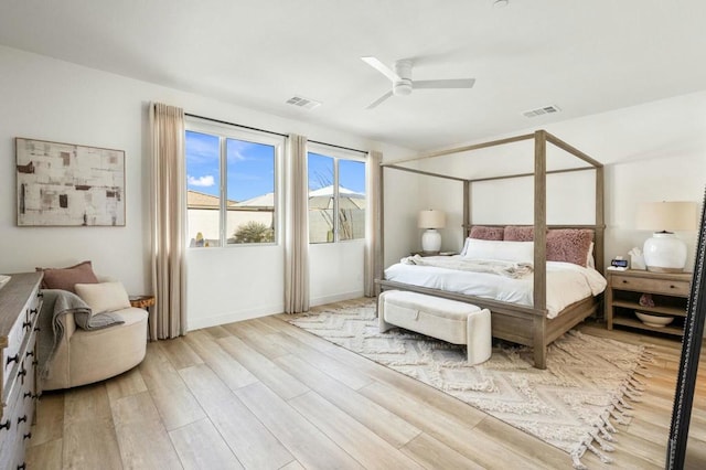 bedroom featuring light wood-type flooring and ceiling fan