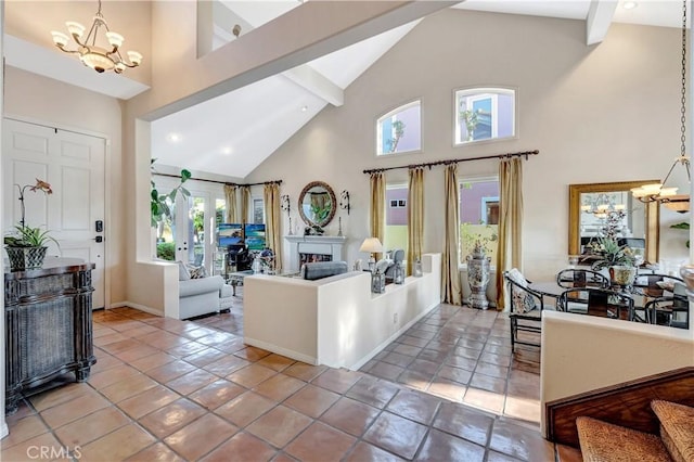 kitchen featuring high vaulted ceiling, decorative light fixtures, tile patterned flooring, beamed ceiling, and a notable chandelier