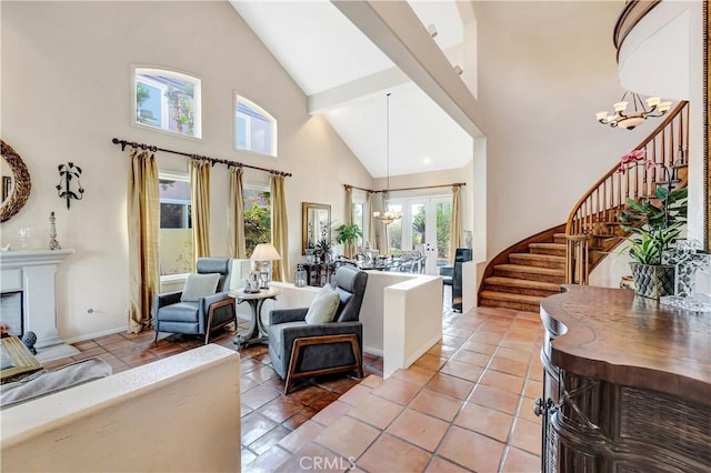 living room with light tile patterned floors, french doors, high vaulted ceiling, and a chandelier