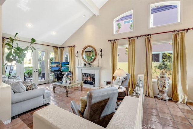 tiled living room featuring beam ceiling, french doors, and high vaulted ceiling