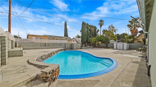 view of pool with a patio and a storage shed