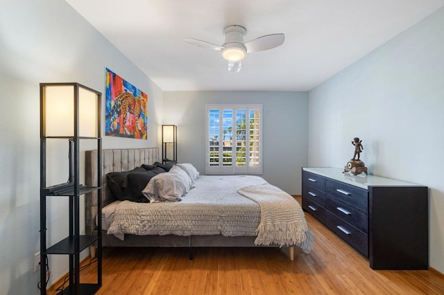 bedroom featuring ceiling fan and light wood-type flooring