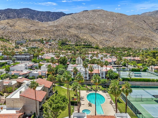 drone / aerial view featuring a mountain view