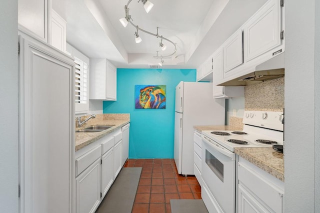 kitchen with extractor fan, white appliances, white cabinetry, and sink