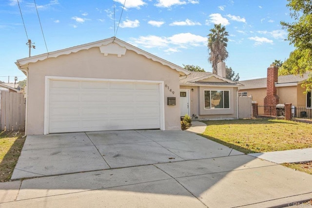 single story home featuring driveway, stucco siding, an attached garage, fence, and a front yard