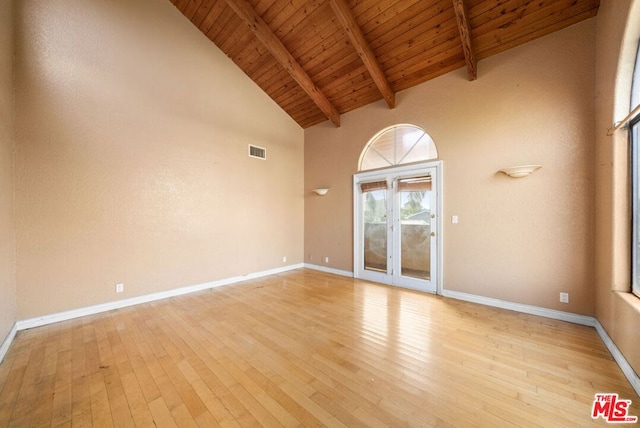 spare room featuring beamed ceiling, light hardwood / wood-style floors, high vaulted ceiling, and wooden ceiling