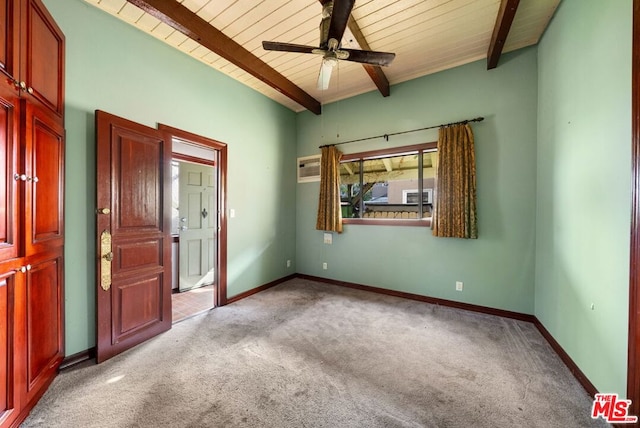 unfurnished bedroom with beamed ceiling, light colored carpet, ceiling fan, and wooden ceiling