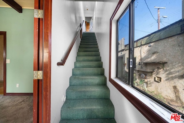 stairs with beam ceiling and carpet floors