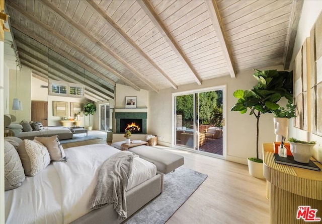 living room with wood ceiling, beamed ceiling, light hardwood / wood-style floors, and high vaulted ceiling