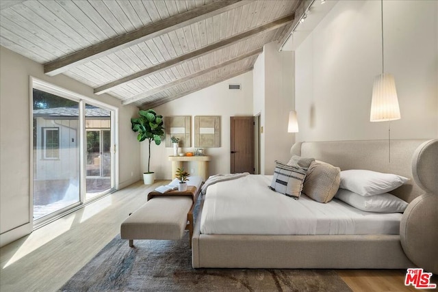 bedroom with beam ceiling, wood-type flooring, access to outside, and wooden ceiling