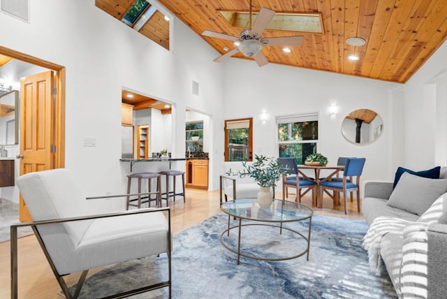 living room featuring ceiling fan, wooden ceiling, high vaulted ceiling, and light hardwood / wood-style flooring