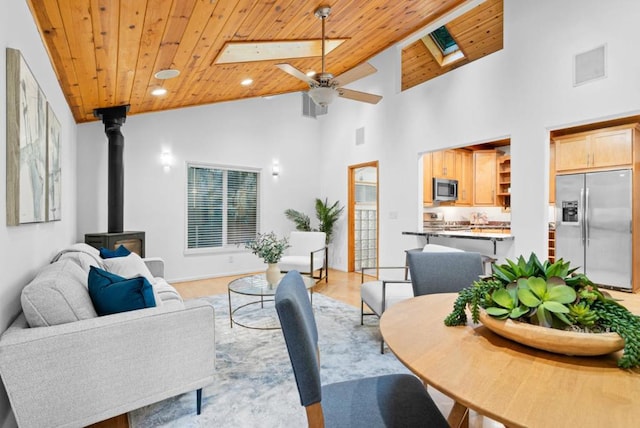 living room featuring a skylight, high vaulted ceiling, ceiling fan, and wood ceiling