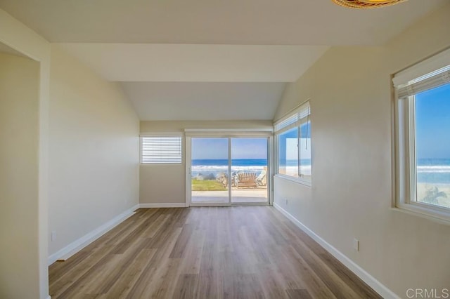 empty room with light hardwood / wood-style floors, plenty of natural light, and lofted ceiling