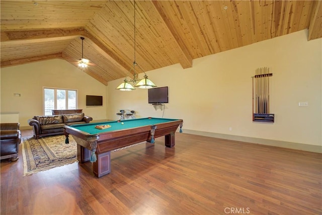 playroom with hardwood / wood-style floors, lofted ceiling with beams, ceiling fan, and pool table