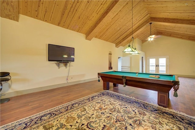 game room with beam ceiling, ceiling fan, wooden ceiling, billiards, and wood-type flooring