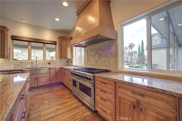 kitchen featuring appliances with stainless steel finishes, premium range hood, light stone counters, sink, and wood-type flooring