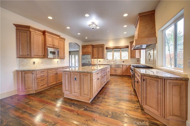 kitchen with appliances with stainless steel finishes, custom exhaust hood, sink, dark hardwood / wood-style floors, and an island with sink