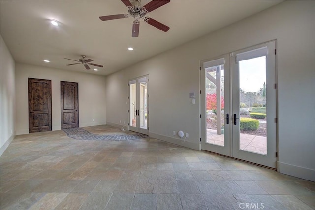 interior space featuring ceiling fan and french doors