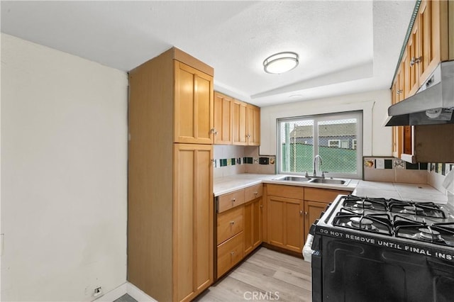 kitchen with sink, gas range oven, and light hardwood / wood-style floors