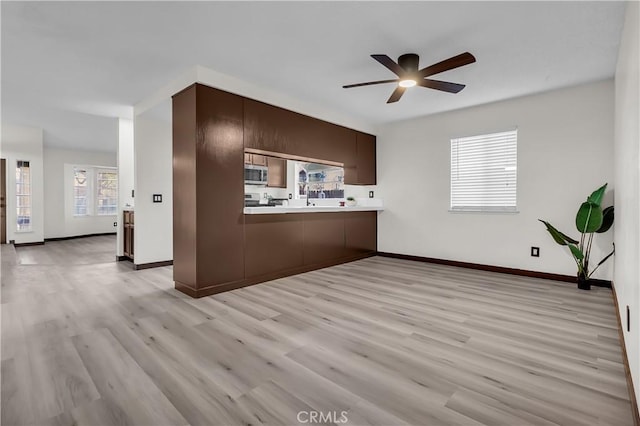 kitchen featuring ceiling fan, light hardwood / wood-style floors, and kitchen peninsula