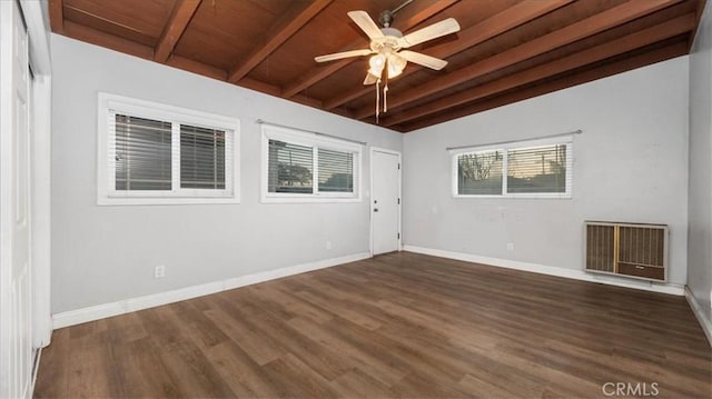 unfurnished room featuring dark wood-style floors, ceiling fan, wooden ceiling, and baseboards