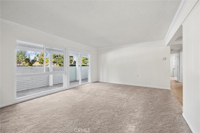 carpeted empty room featuring ornamental molding and a textured ceiling