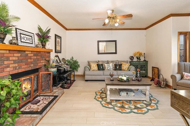 19985 Red Feather Rd, Apple Valley, CA 92307 - living area featuring a ceiling fan, crown molding, wood finished floors, and a fireplace