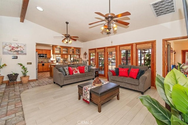 19985 Red Feather Rd, Apple Valley, CA 92307 - living room featuring a ceiling fan, french doors, and light wood-style floors