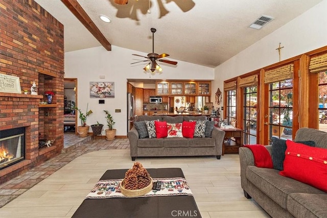 19985 Red Feather Rd, Apple Valley, CA 92307 - living area with a ceiling fan, a brick fireplace, and light wood-type flooring