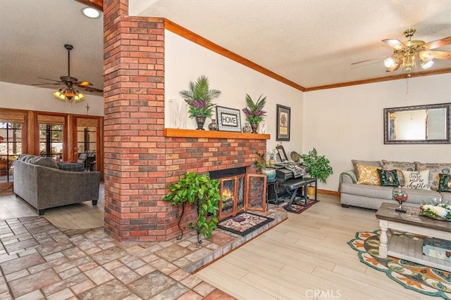 19985 Red Feather Rd, Apple Valley, CA 92307 - living area with a ceiling fan, a textured ceiling, a fireplace, and wood finished floors