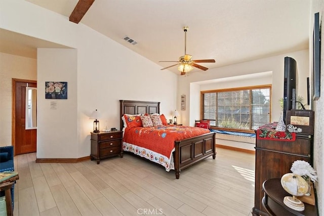 bedroom with vaulted ceiling with beams, ceiling fan, and light hardwood / wood-style flooring