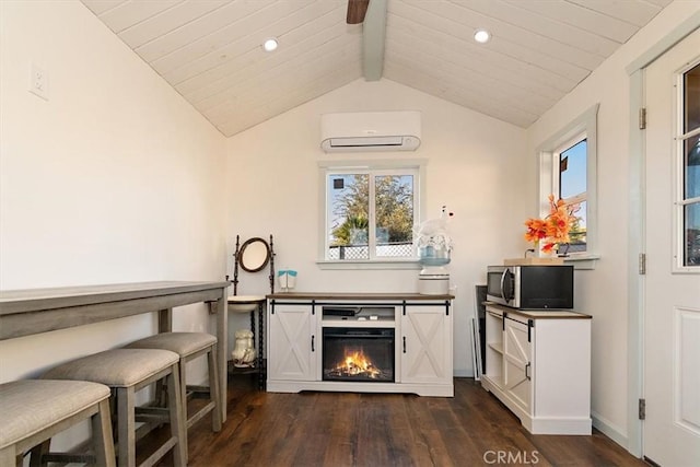 19985 Red Feather Rd, Apple Valley, CA 92307 - kitchen with stainless steel microwave, a wall mounted air conditioner, dark wood finished floors, recessed lighting, and healthy amount of natural light