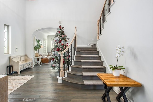 stairway featuring wood-type flooring and a towering ceiling