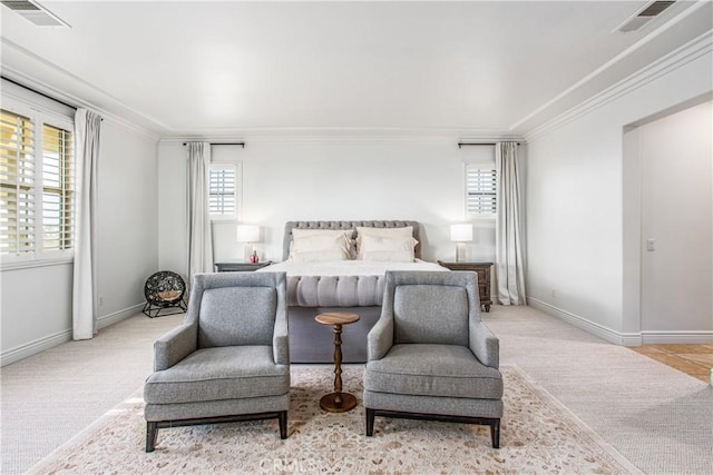 carpeted bedroom with crown molding