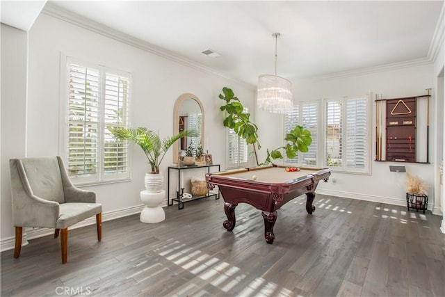 rec room featuring plenty of natural light, dark wood-type flooring, and billiards