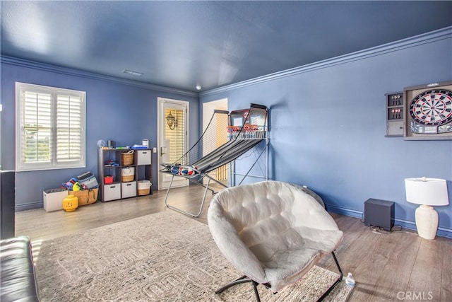 playroom featuring crown molding and hardwood / wood-style flooring