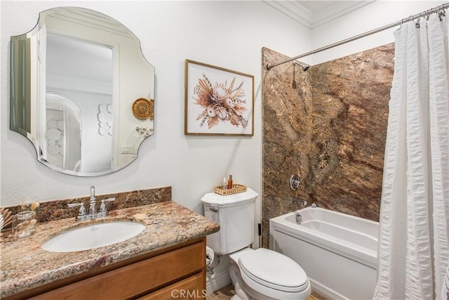 full bathroom featuring toilet, shower / tub combo with curtain, vanity, and ornamental molding