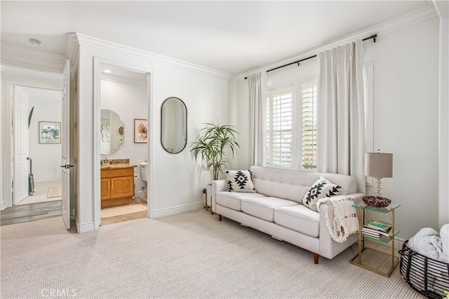 living room with light carpet and ornamental molding