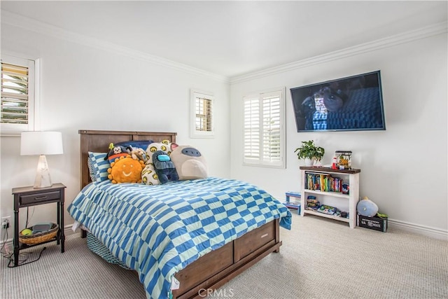 carpeted bedroom with multiple windows and ornamental molding