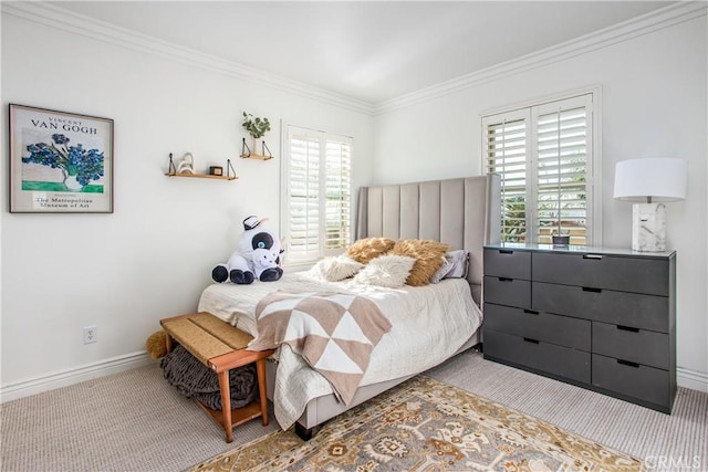 bedroom with light carpet, multiple windows, and crown molding