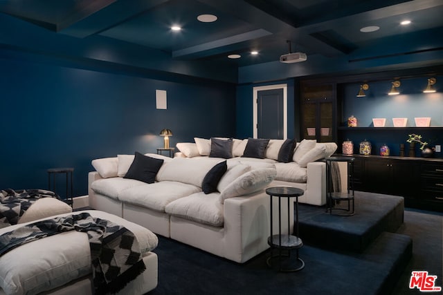 home theater with beamed ceiling, dark carpet, and coffered ceiling