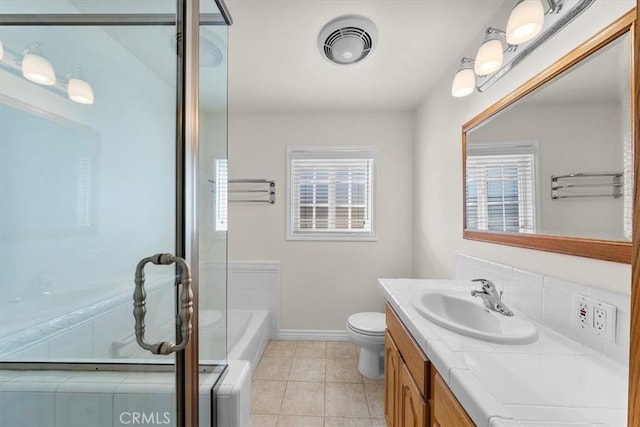 full bath featuring a shower with door, visible vents, tile patterned flooring, toilet, and vanity