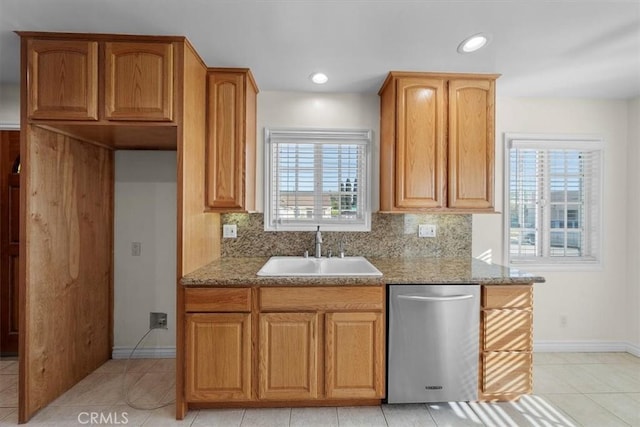 kitchen with stainless steel dishwasher, a healthy amount of sunlight, tasteful backsplash, and a sink