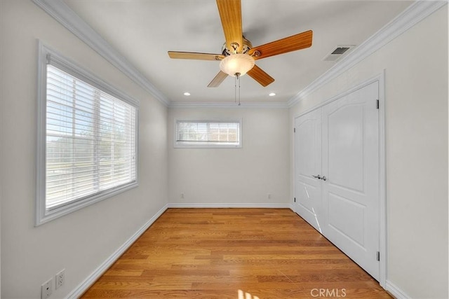 4601 W 191st St, Torrance, CA 90503 - unfurnished bedroom featuring crown molding, baseboards, light wood finished floors, and visible vents