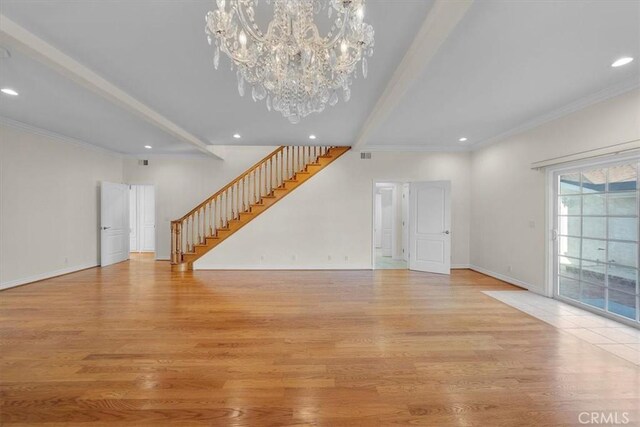 unfurnished living room with light hardwood / wood-style flooring, an inviting chandelier, crown molding, and beamed ceiling